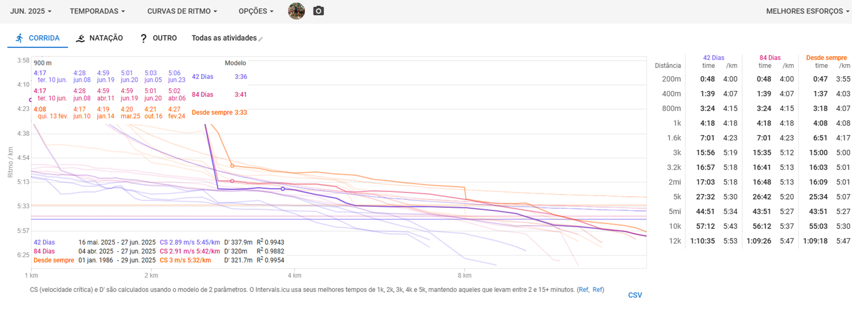 Gráfico de ritmo de corrida, análise de desempenho em treinamento